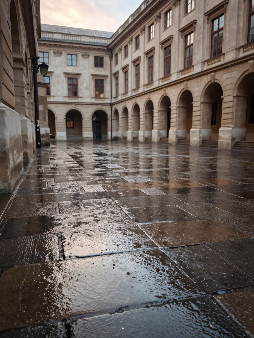 Late Afternoon Rain on University Cloister Flagstones in Vienna Austria in in Vienna, Austria