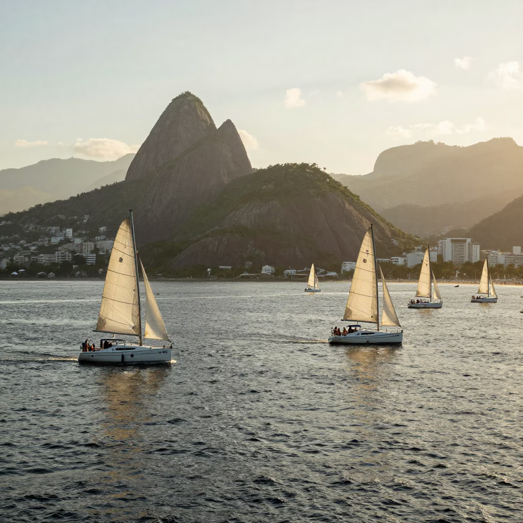 Late Afternoon Rio de Janeiro Harbor Scene with Sailboats and Coastline in in Rio de Janeiro, Brazil