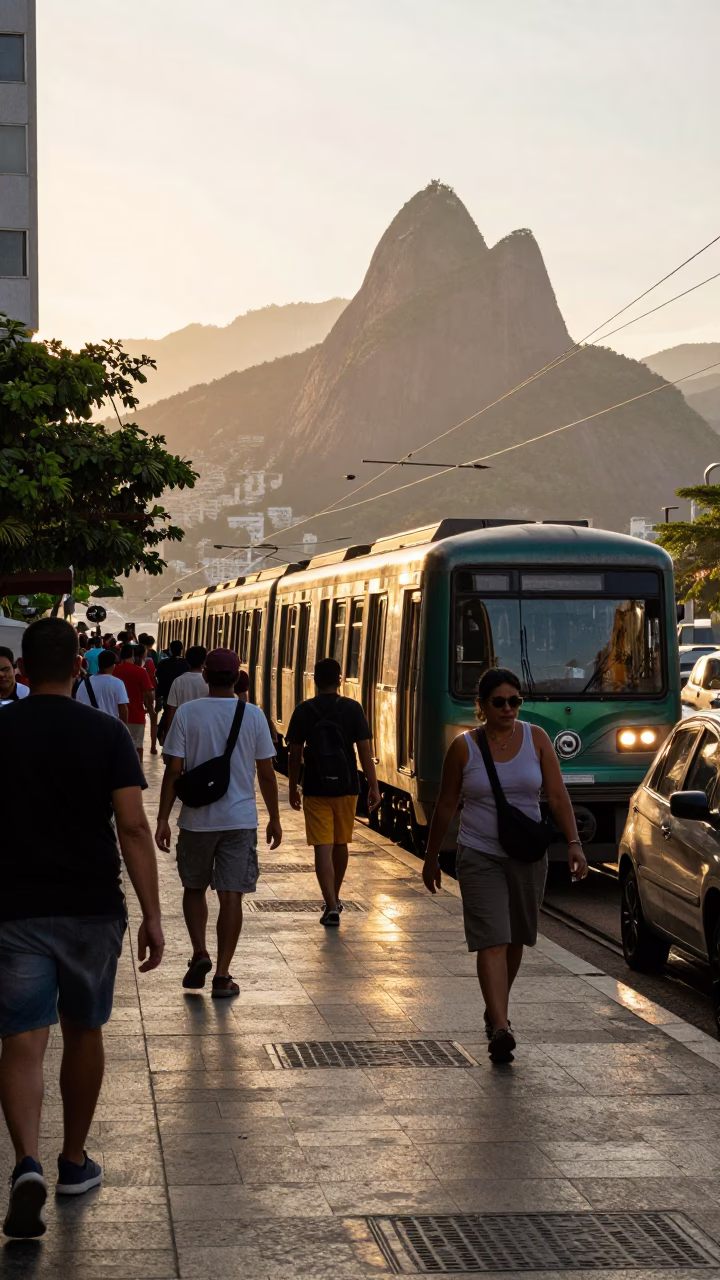 Late Afternoon Rio de Janeiro Street Scene with Metro Train Emerging from Tunnel in in Rio de Janeiro, Brazil
