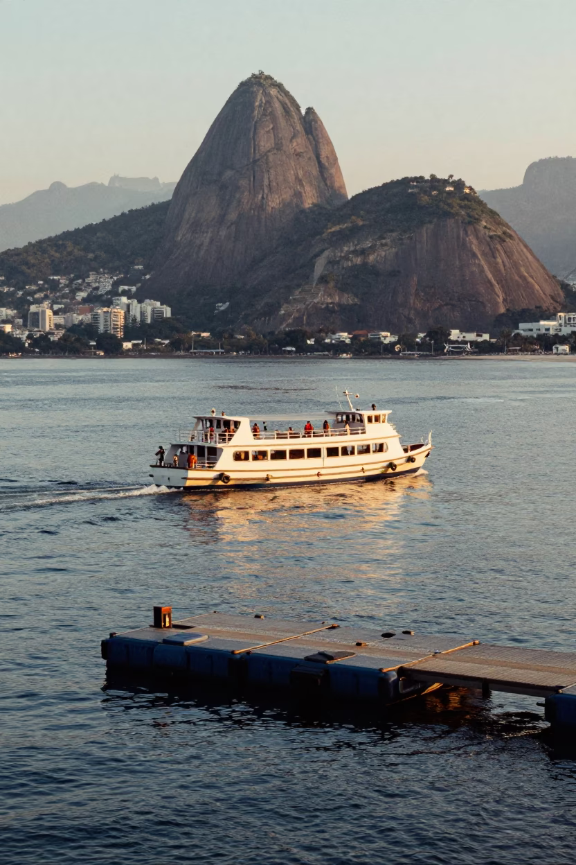 Late Afternoon Rio de Janeiro Water Taxi at Floating Dock with Mountains Behind in in Rio de Janeiro, Brazil