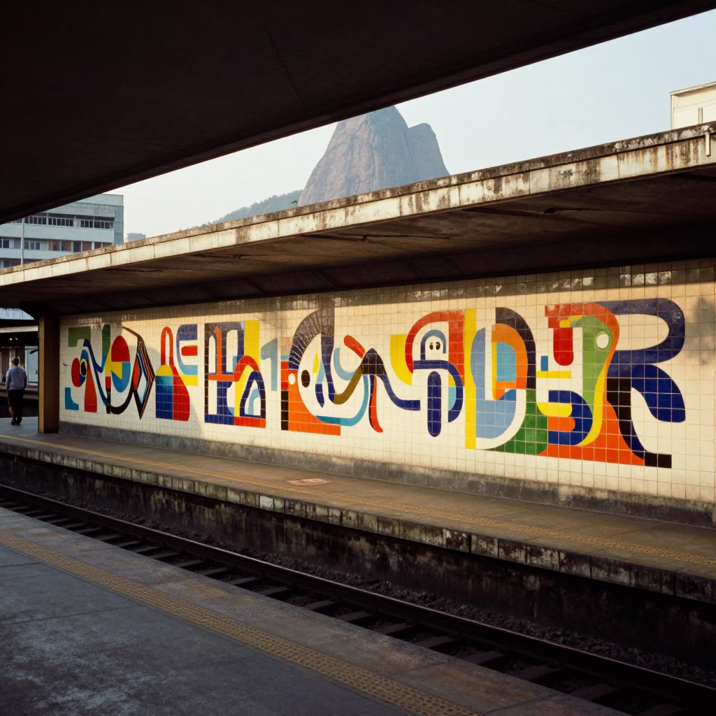 Late Afternoon Rio Metro Station Art Adorned Platform with Commuters in in Rio de Janeiro, Brazil