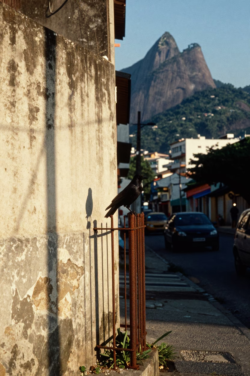 Late Afternoon Rio Street Scene with Crow on Fence and Vintage Bicycle in in Rio de Janeiro, Brazil