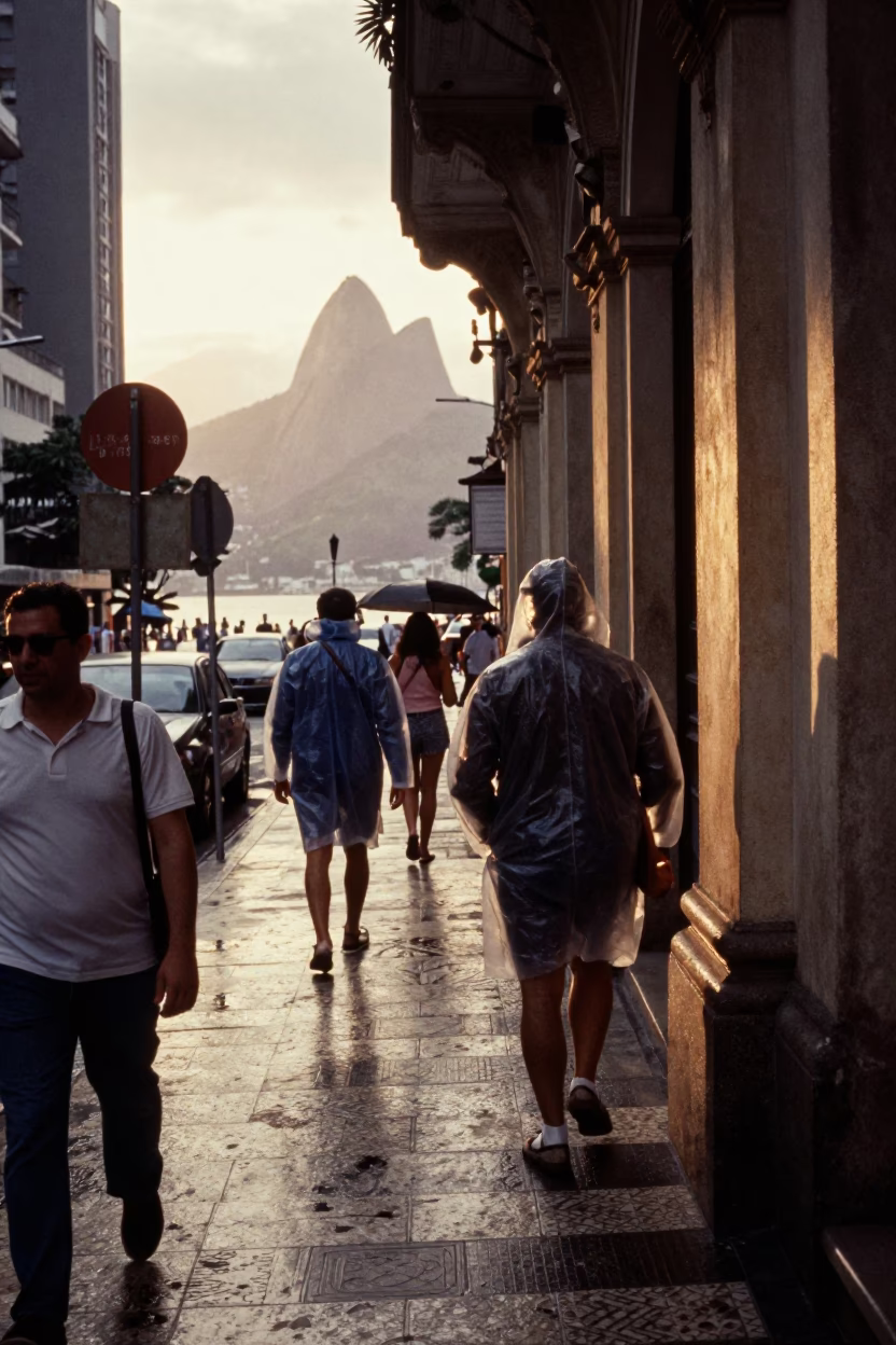 Late Afternoon Rio Street Scene with Raincoats and Wet Leaves in in Rio de Janeiro, Brazil