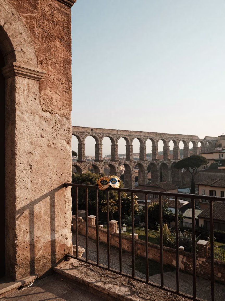 Late Afternoon Roman Balcony Scene with Hazy Aqueduct and Carnival Mask in Rome Italy in in Rome, Italy