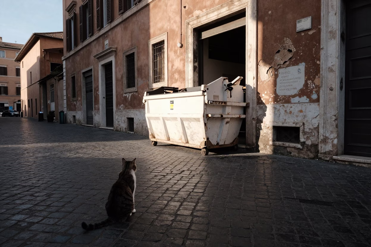 Late Afternoon Roman Street Scene with Cat and Demolition Dumpster in Italy in in Rome, Italy