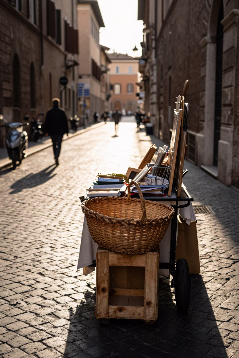 Late Afternoon Roman Street Scene with Mending Basket and Seashells in Trastevere in in Rome, Italy