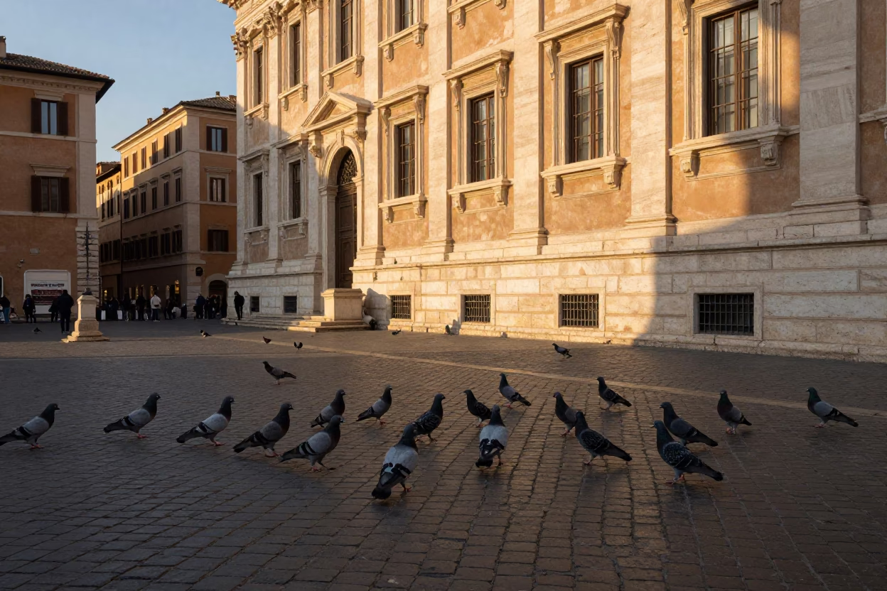 Late Afternoon Roman Street Scene with Pigeons Near Historic Architecture in in Rome, Italy