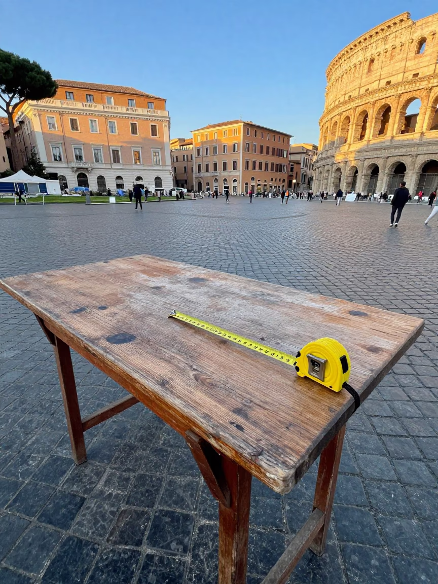 Late Afternoon Rome Street Scene with Measuring Tape and Glass Tumbler on Cafe Table in in Rome, Italy
