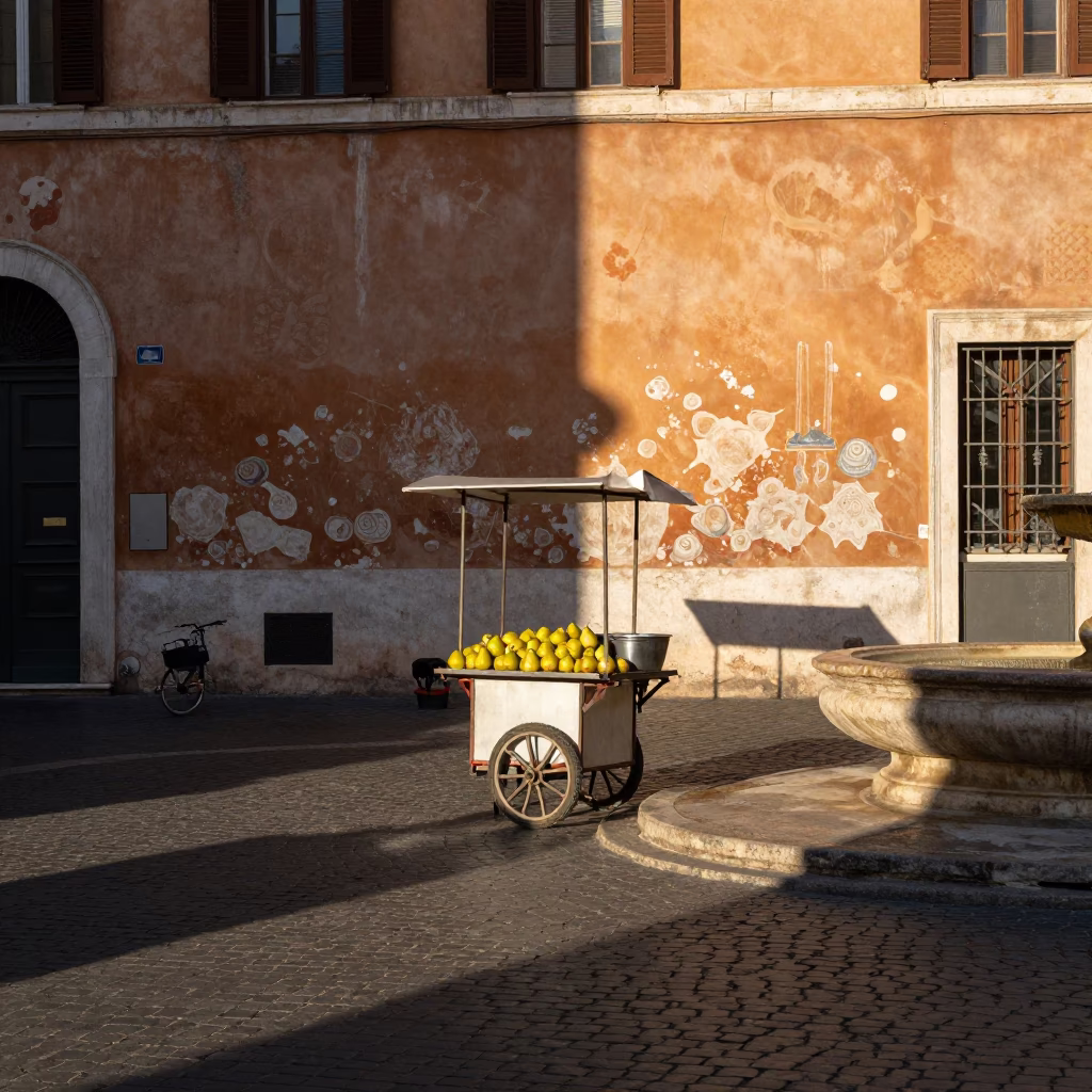 Late Afternoon Rome Street Scene with Pears and Steel Bottle in Historic Italian Alley in in Rome, Italy