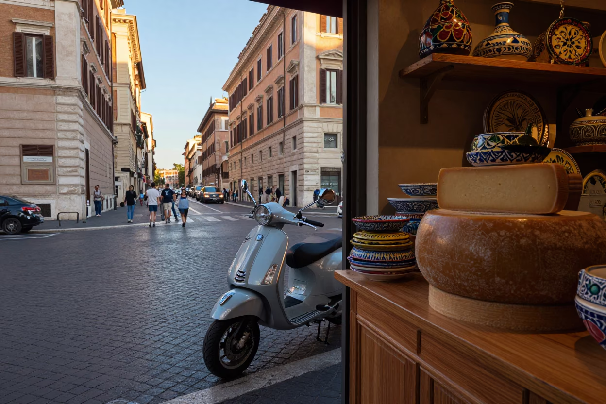 Late Afternoon Rome Street Scene with Vespa Reflection and Local Deli Display in in Rome, Italy