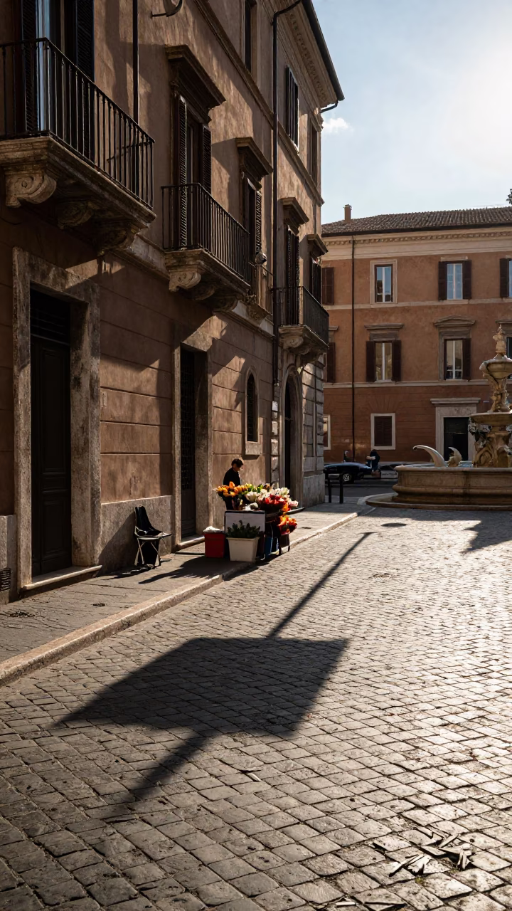 Late Afternoon Rome Street Scene with Wicker Shadow and Scattered Flower Petals in in Rome, Italy
