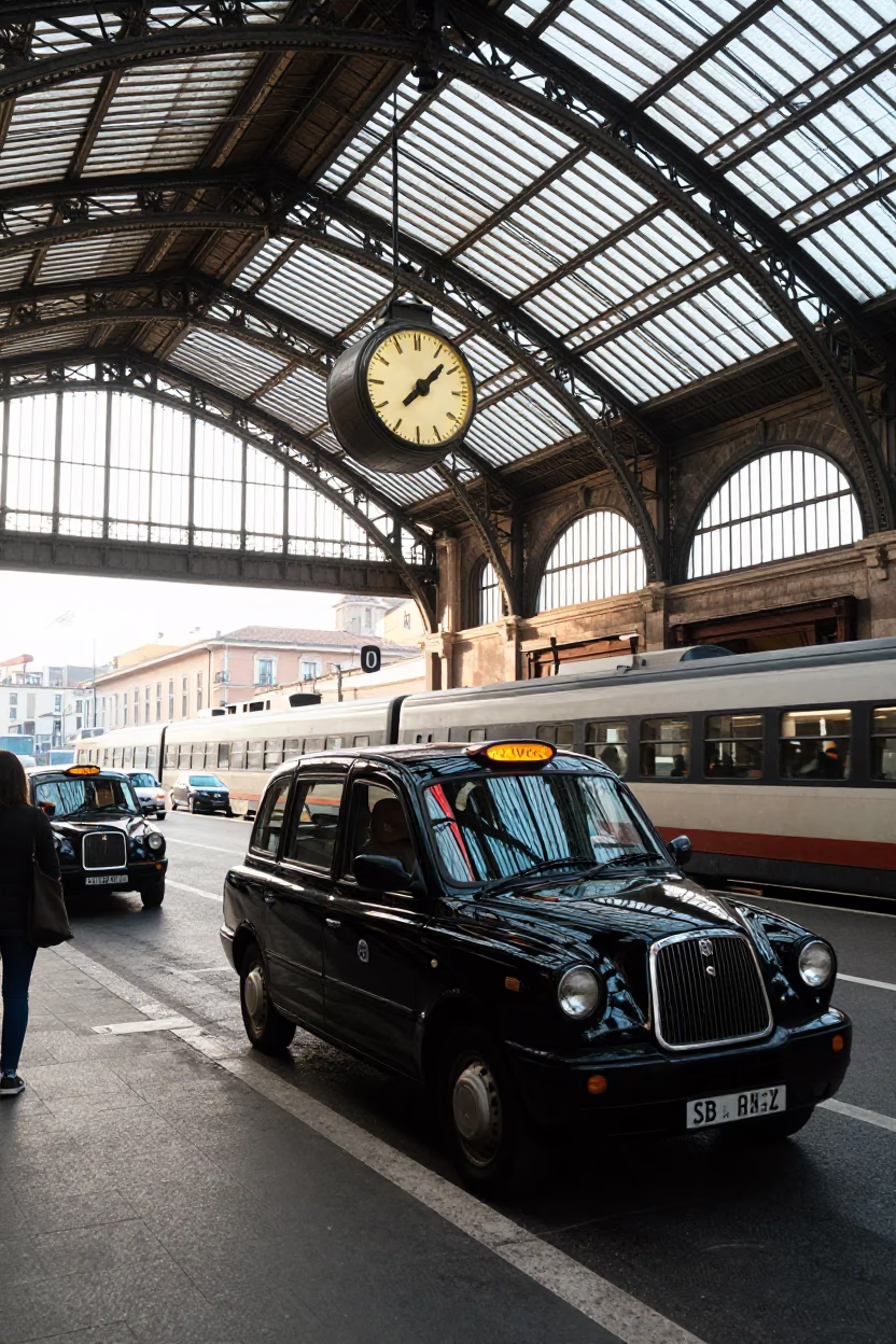 Late Afternoon Rome Taxi Rank Clock Under Vaulted Iron Roof in in Rome, Italy