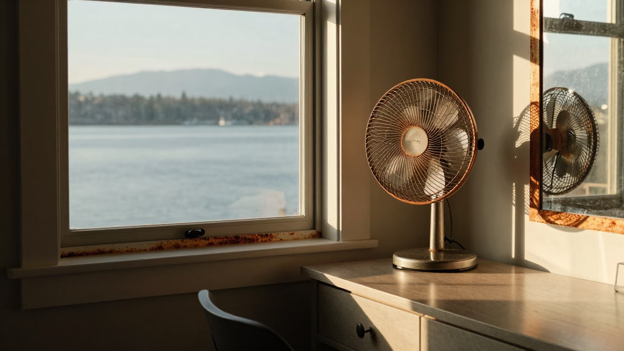 Late Afternoon Rust and Window Fan in Vancouver British Columbia Residential Home in in Vancouver, British Columbia, Canada