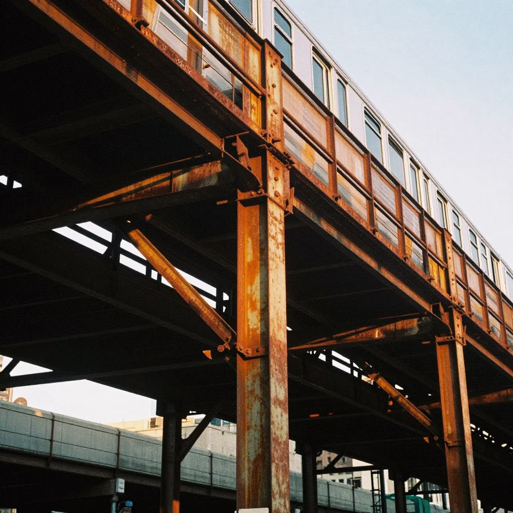Late Afternoon Rust on Chicago L Train Rail Infrastructure in in Chicago, Illinois, United States