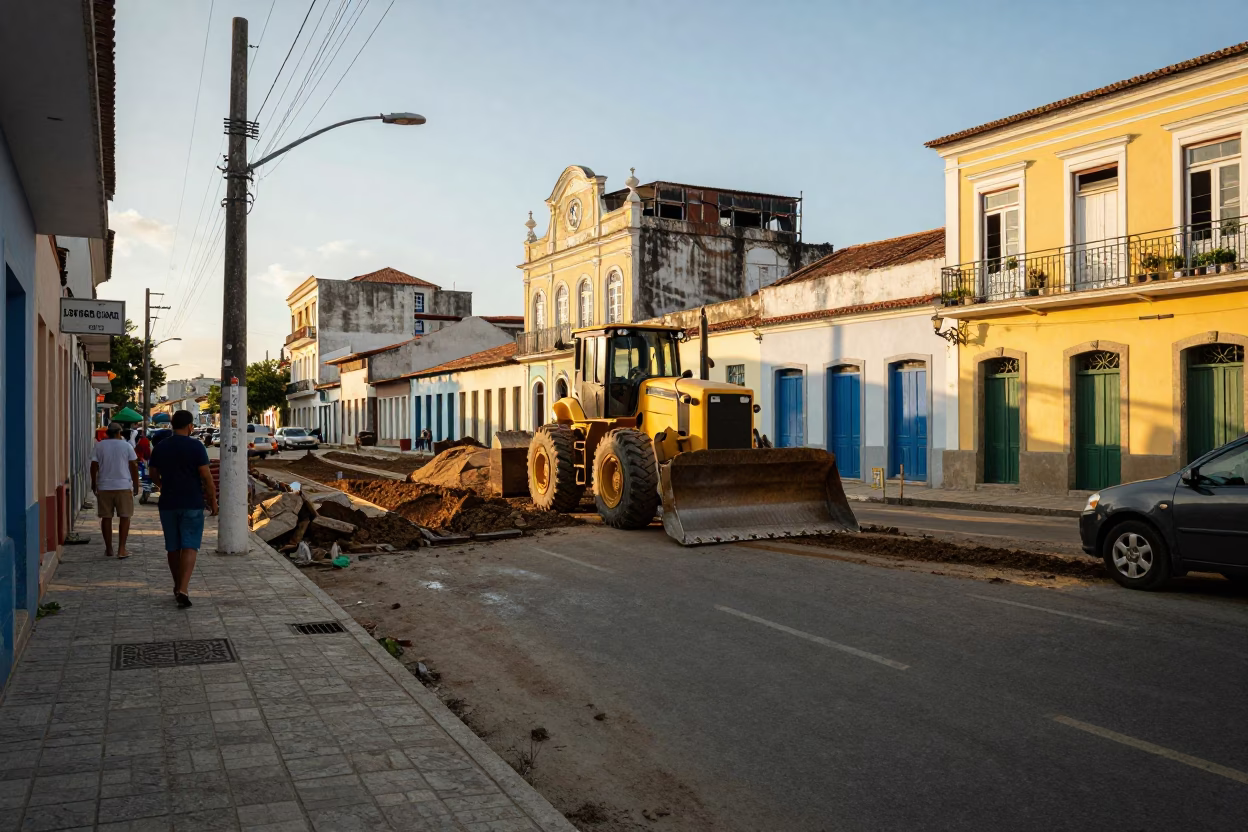 Late Afternoon Salvador Brazil Street Scene with Bulldozer and Local Market Activity in in Salvador, Brazil