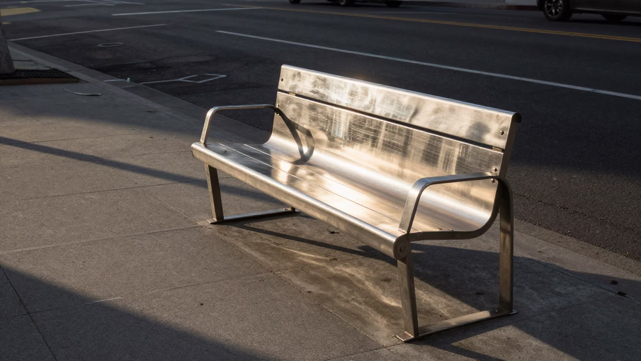 Late Afternoon San Diego Street Scene with Brushed Steel Bench and Urban Landscape in in San Diego, California, United States