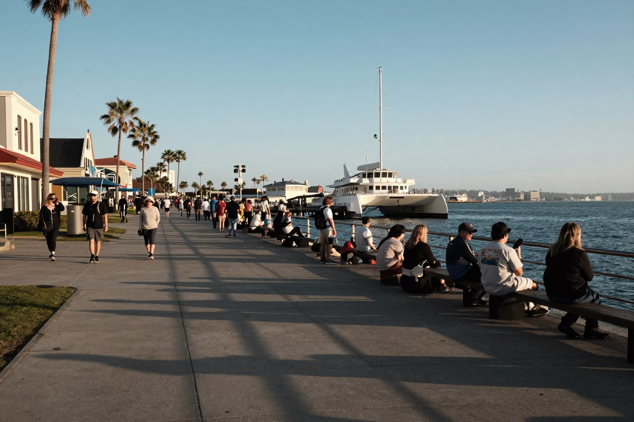 Late Afternoon San Diego Street Scene with Catamaran in Blue Water in in San Diego, California, United States