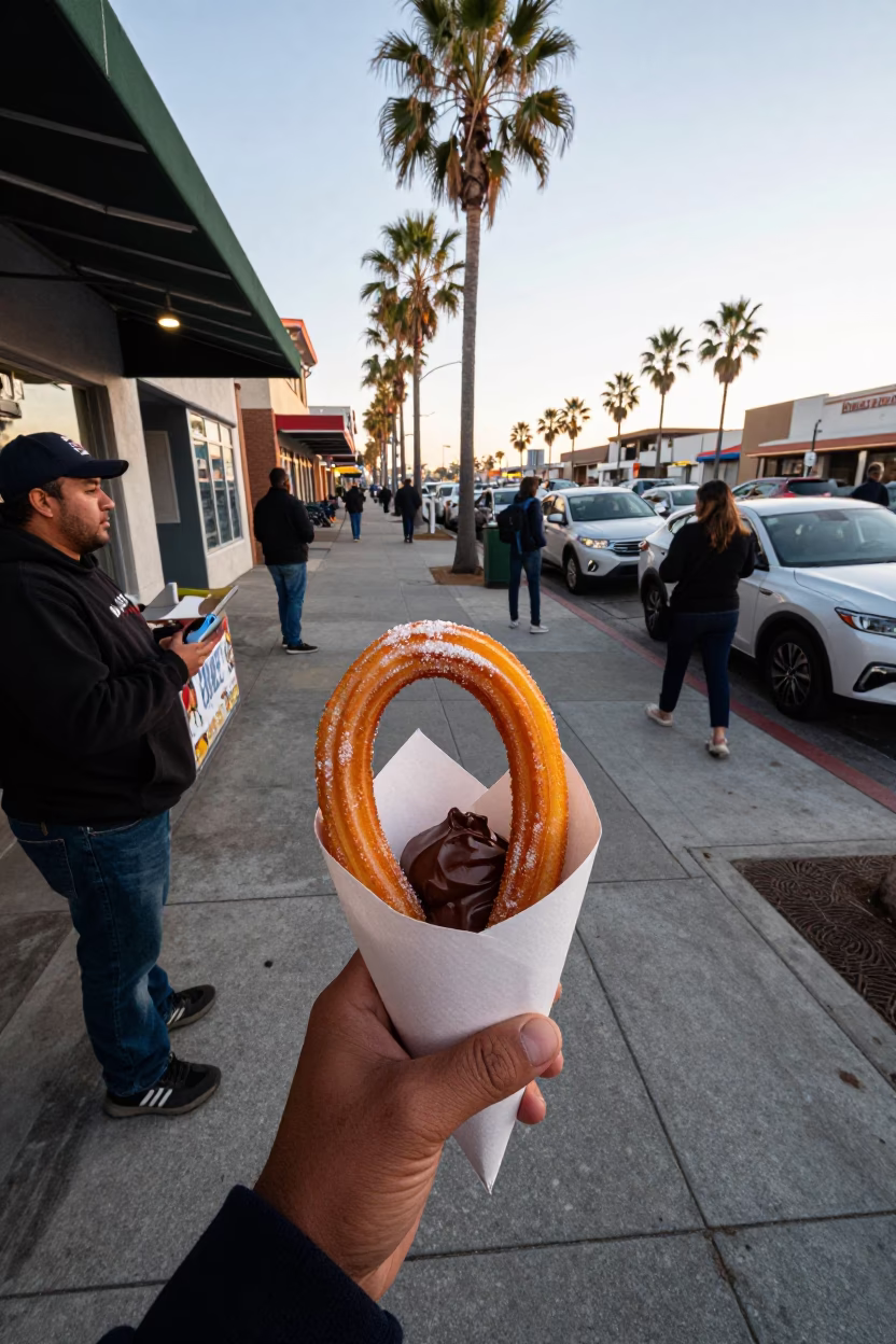 Late Afternoon San Diego Street Scene with Churros and Chocolate Sauce at Balboa Park in in San Diego, California, United States