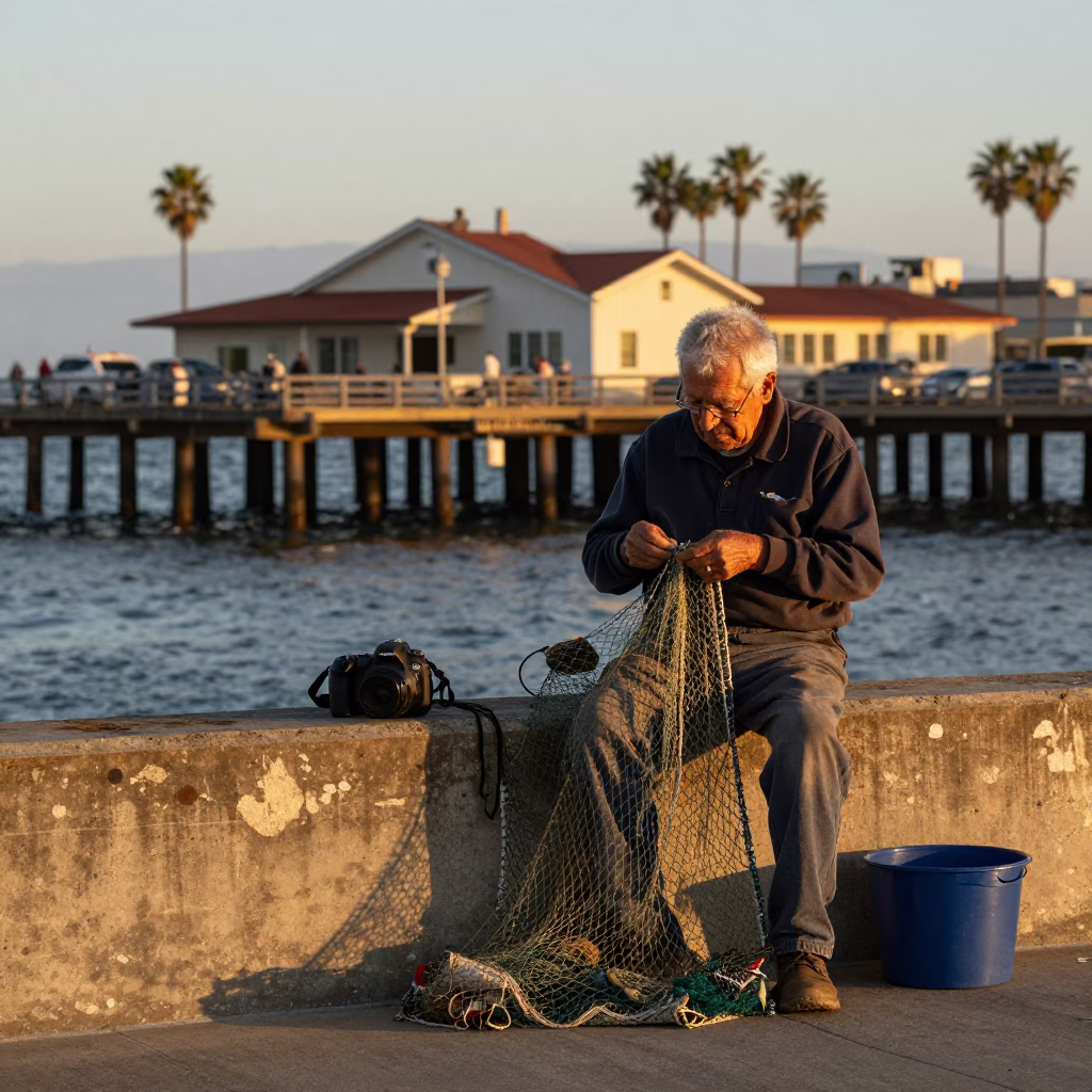 Late Afternoon San Diego Street Scene with Elderly Fisherman Mending Nets in in San Diego, California, United States