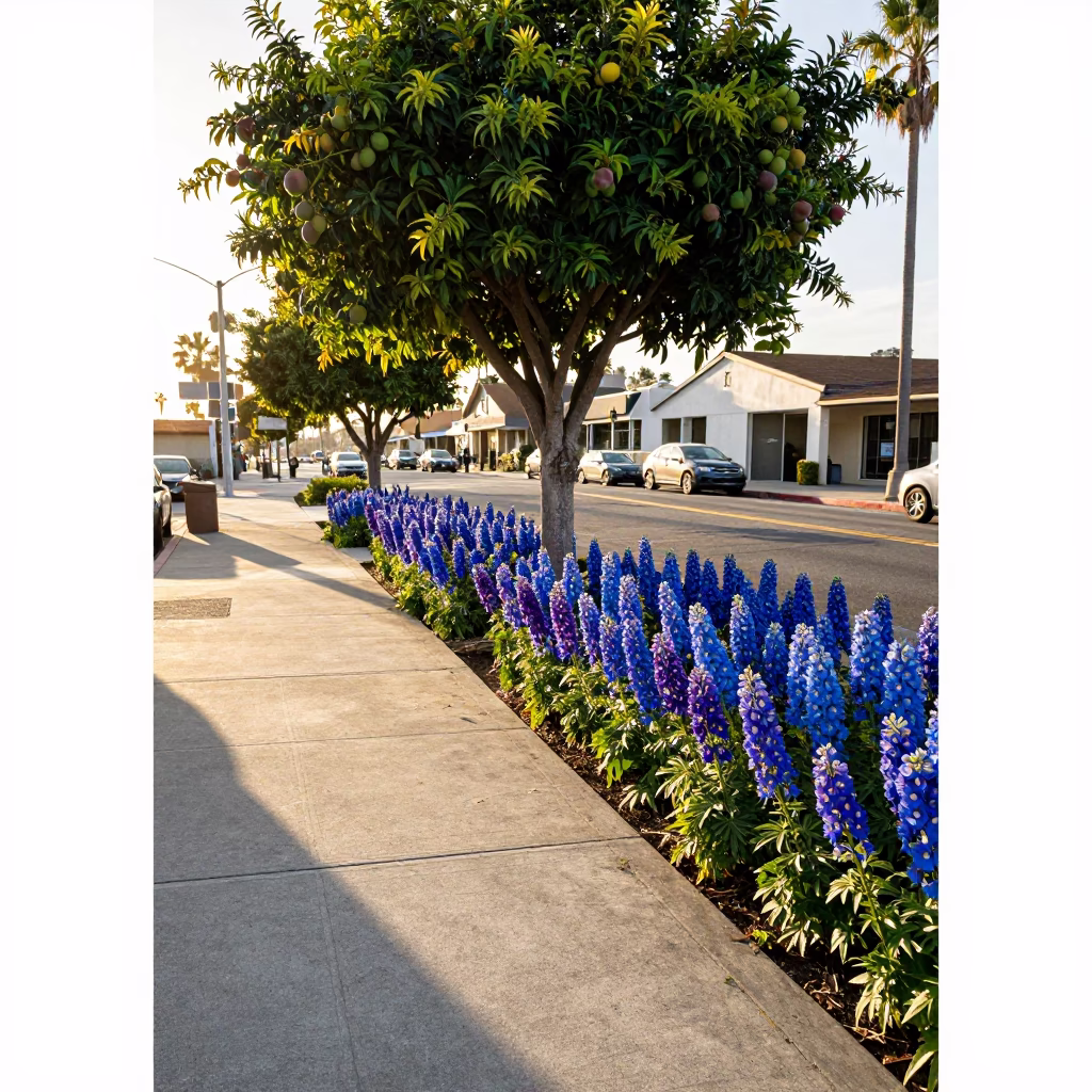 Late Afternoon San Diego Street Scene with Mango Tree and Delphinium Border in in San Diego, California, United States