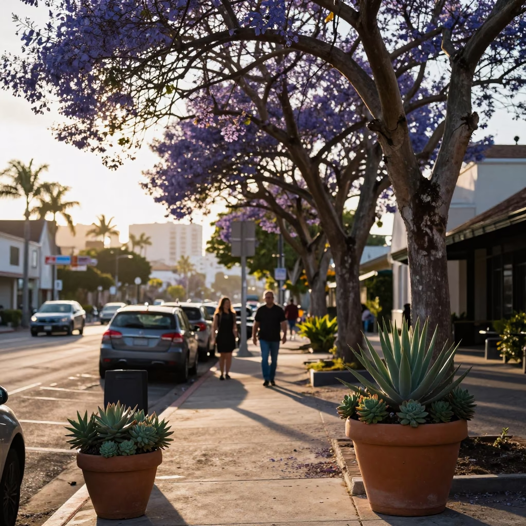 Late Afternoon San Diego Street Scene with Potted Succulents and Vintage Cars in in San Diego, California, United States