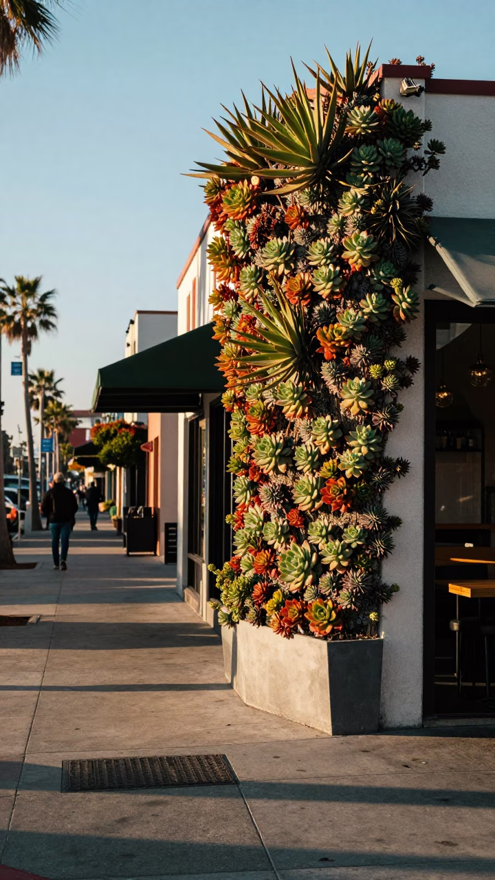 Late Afternoon San Diego Street Scene with Succulent Living Wall and Bicycle Mechanic in in San Diego, California, United States