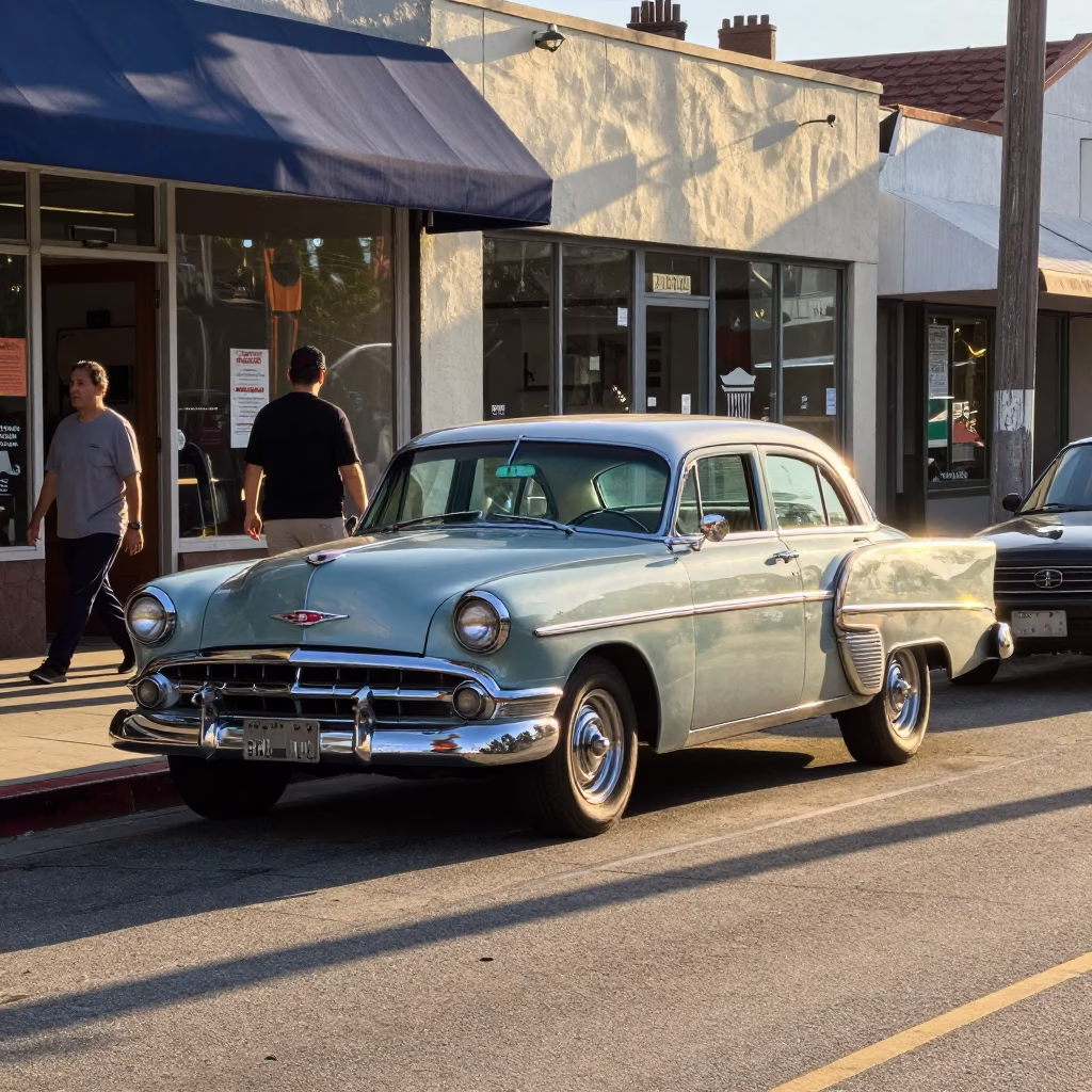 Late Afternoon San Diego Street Scene with Vintage Car and Local Pedestrians in in San Diego, California, United States