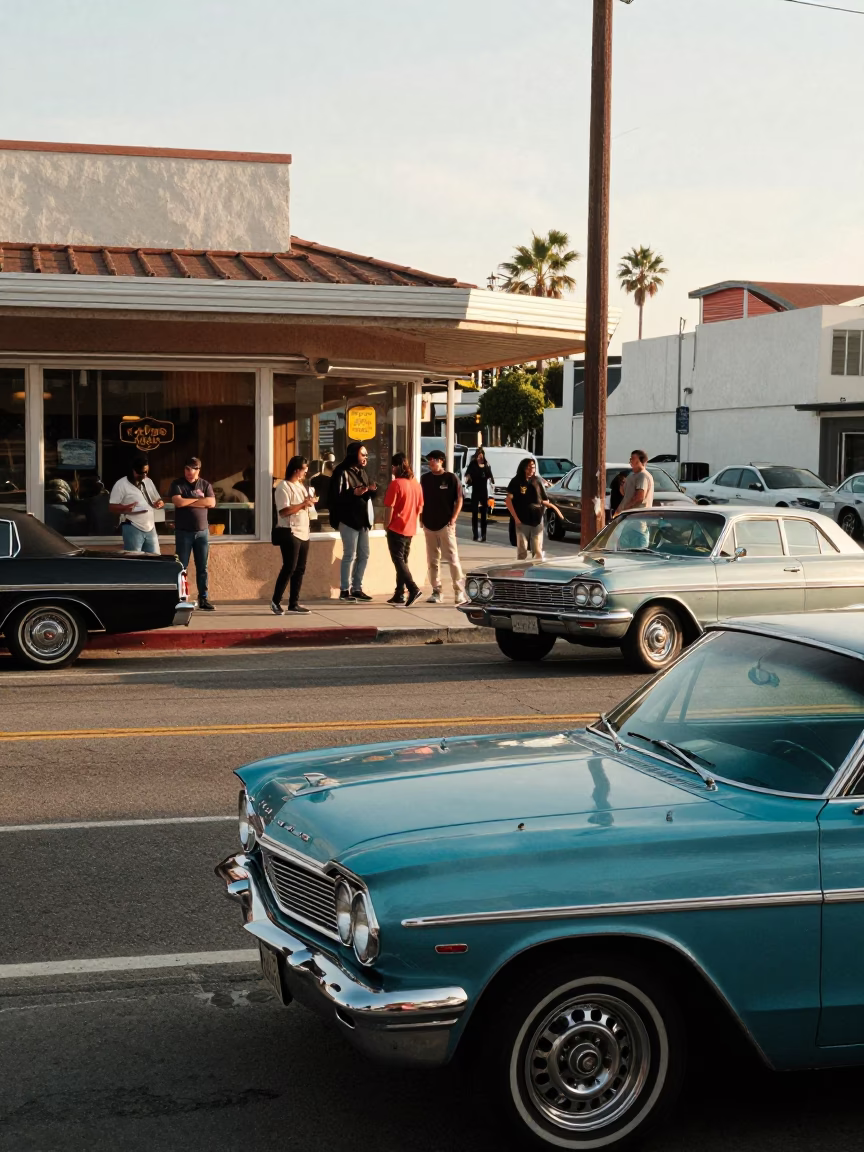 Late Afternoon San Diego Street Scene with Vintage Cars and Local Pedestrians in in San Diego, California, United States