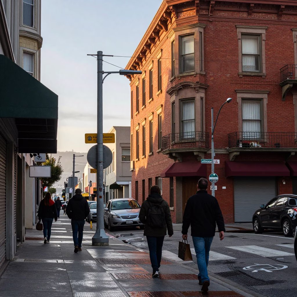 Late Afternoon San Francisco Street Scene with Condensation and Steel Details in in San Francisco, California, United States