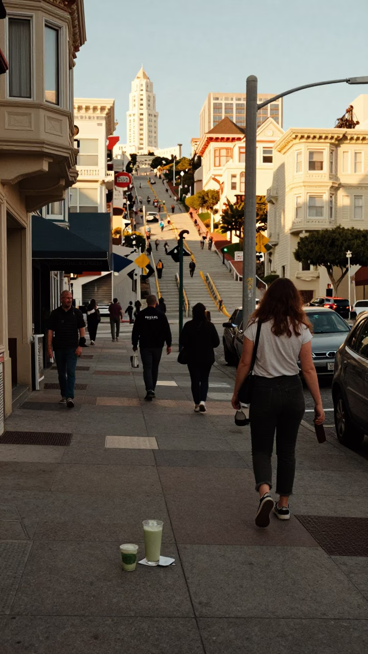 Late Afternoon San Francisco Street Scene with Matcha Latte and Urban Details in in San Francisco, California, United States