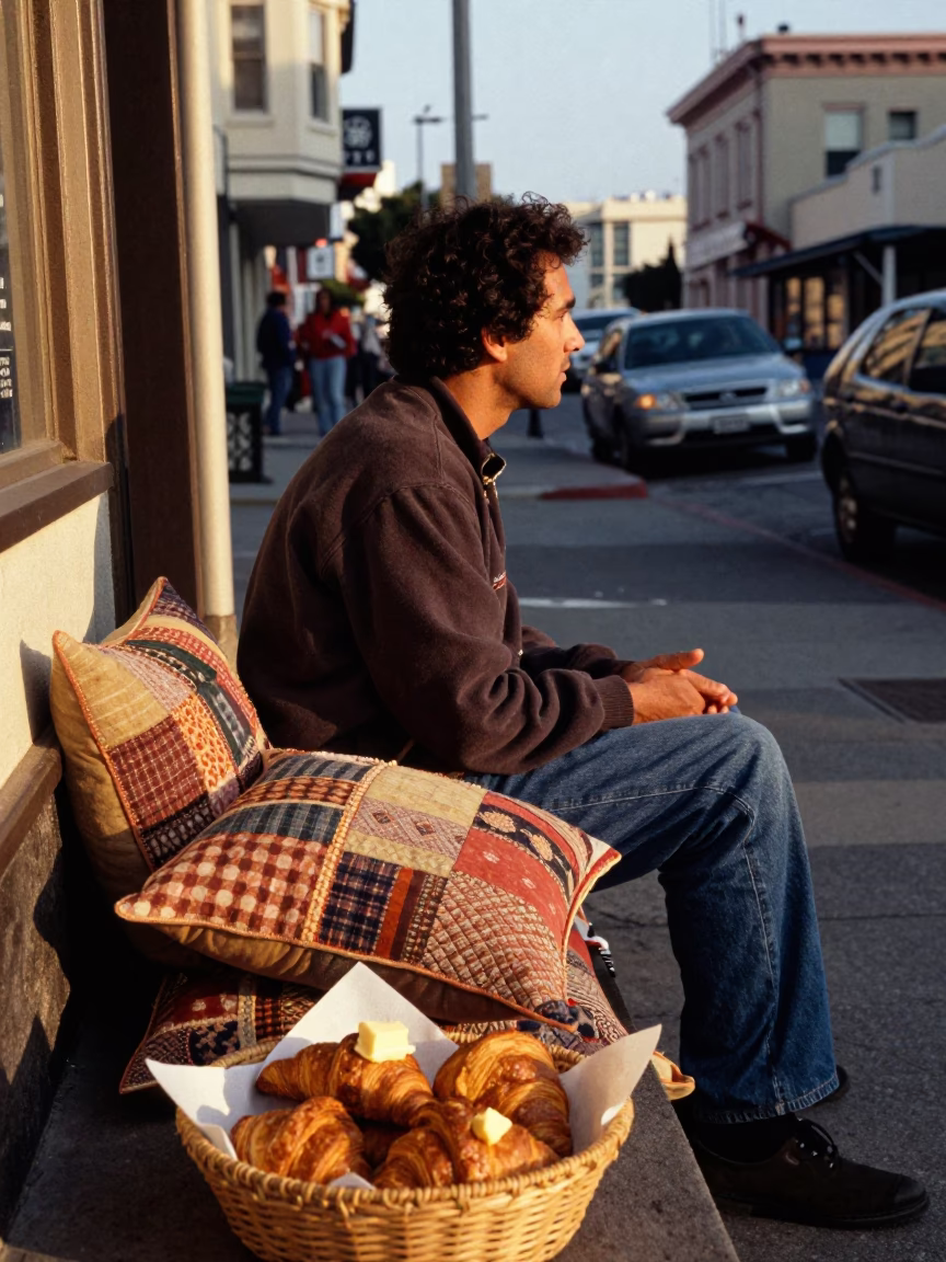 Late Afternoon San Francisco Street Scene with Patchwork Pillows and Fresh Croissants in in San Francisco, California, United States