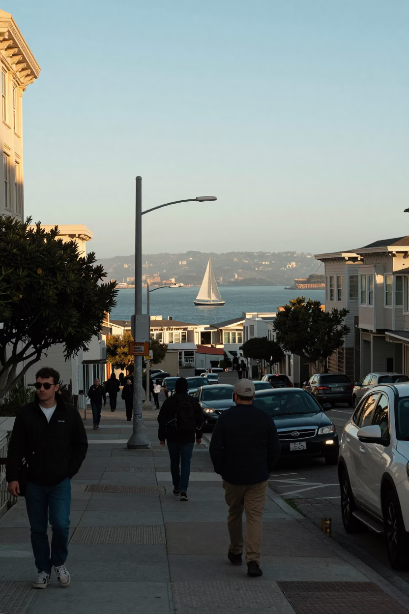 Late Afternoon San Francisco Street Scene with Sailboat in Bay and Urban Details in in San Francisco, California, United States