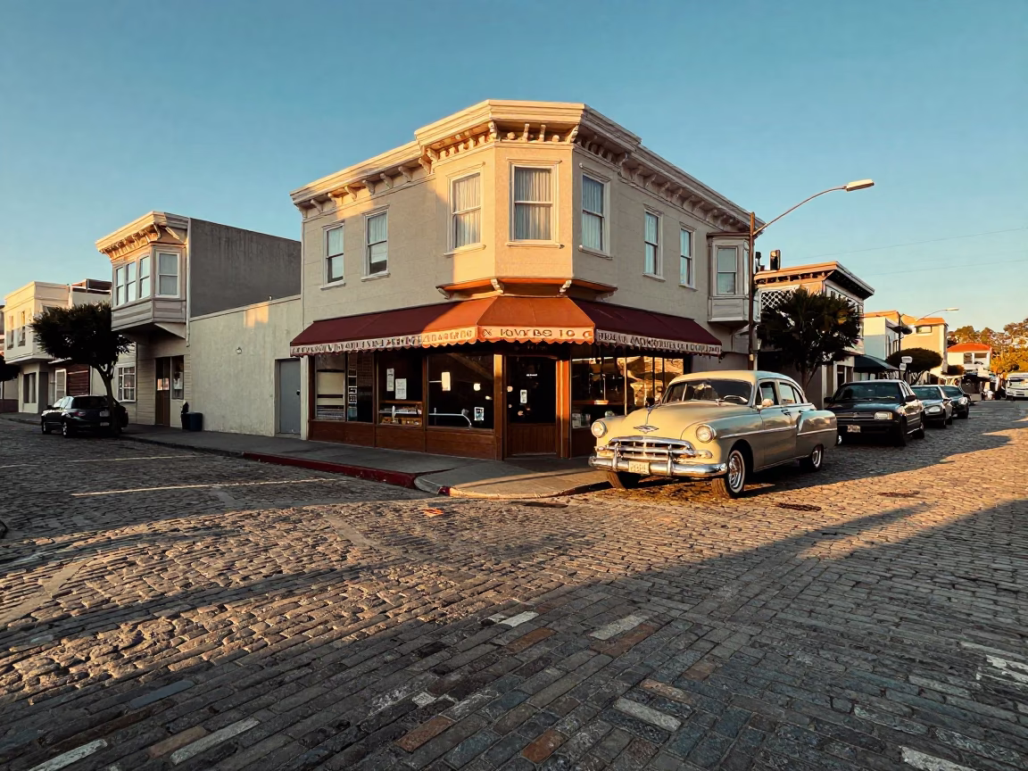 Late Afternoon San Francisco Street Scene with Vintage Car and Local Shop Display in in San Francisco, California, United States