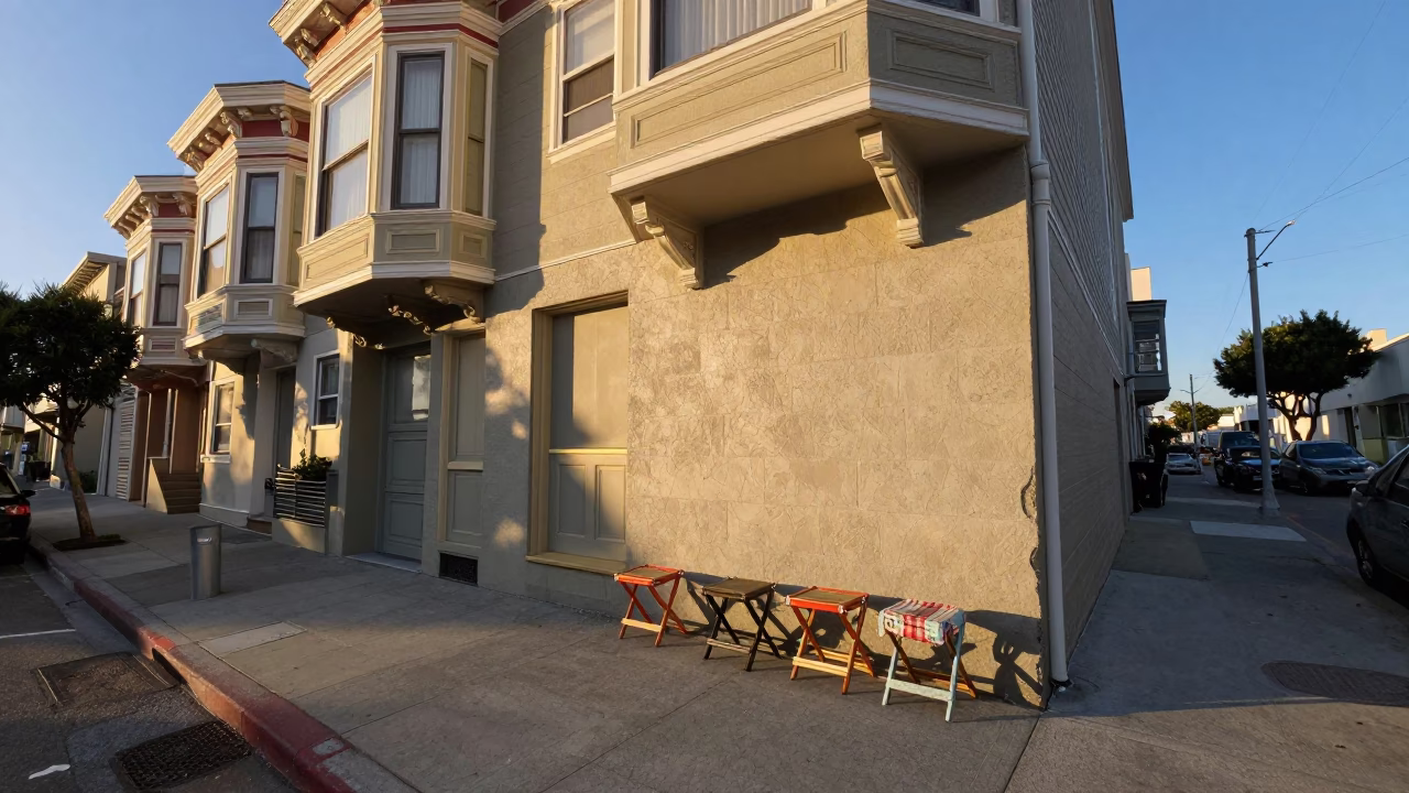 Late Afternoon San Francisco Street Scene with Vintage Folding Stools and Local Details in in San Francisco, California, United States