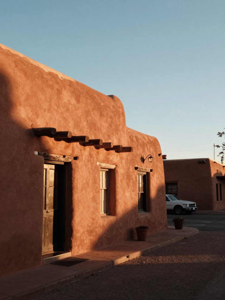 Late Afternoon Santa Fe Adobe Architecture and Local Street Life with Books in in Santa Fe, New Mexico, United States