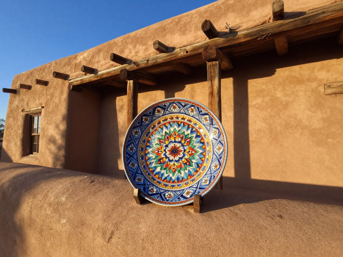 Late Afternoon Santa Fe Adobe Architecture with Vintage Majolica Plate Detail in in Santa Fe, New Mexico, United States