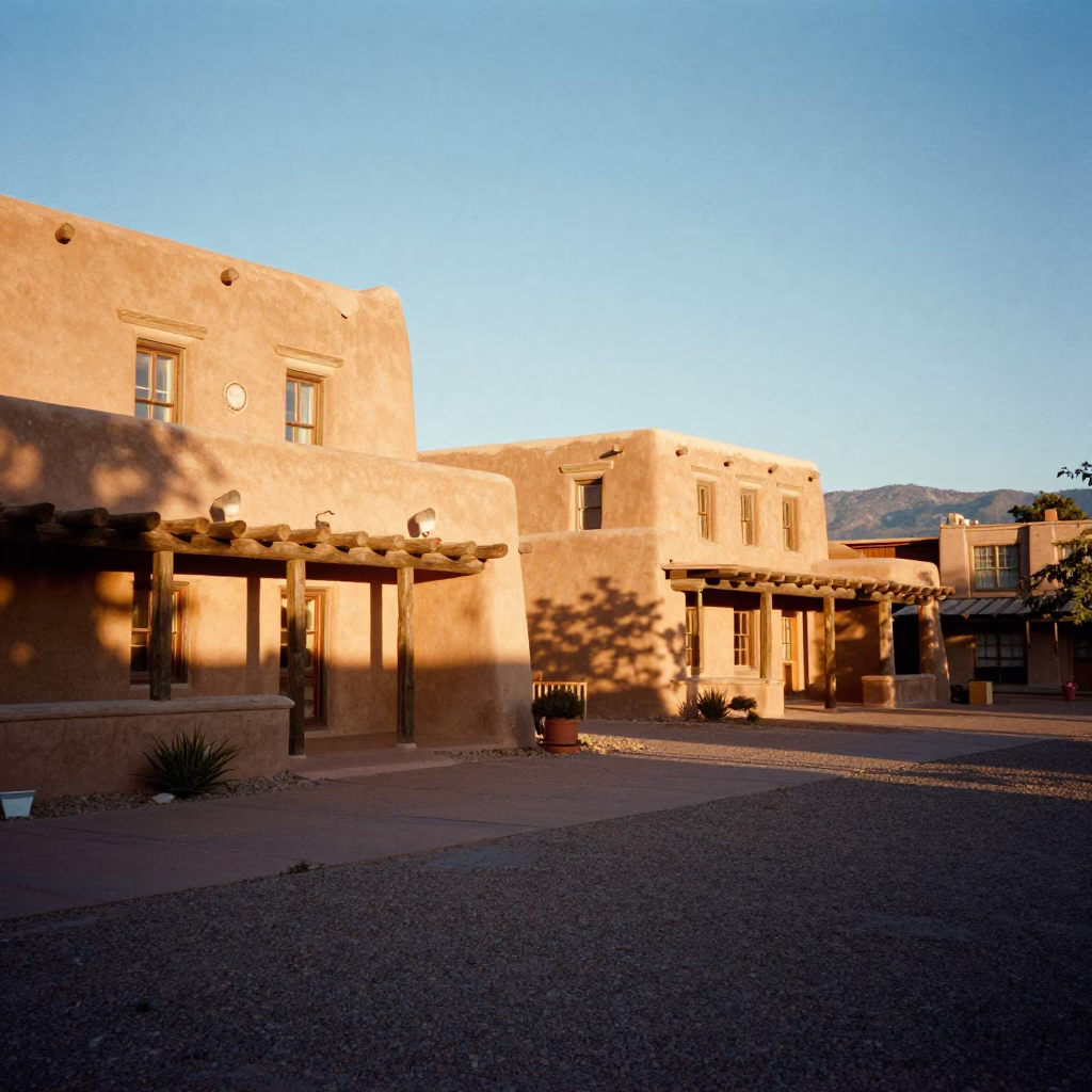 Late Afternoon Santa Fe Plaza Adobe Architecture with Sunlight and Market Stalls in in Santa Fe, New Mexico, United States