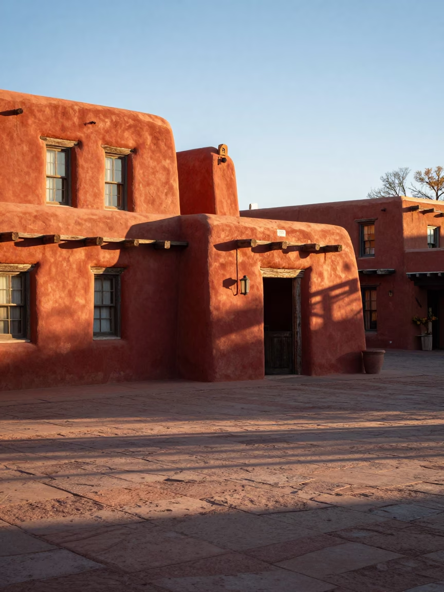 Late Afternoon Santa Fe Plaza Scene with Adobe Architecture and Local Market Activity in in Santa Fe, New Mexico, United States