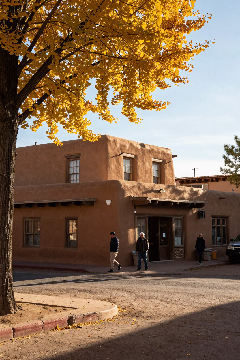 Late Afternoon Santa Fe Street Scene with Adobe Architecture and Ginkgo Tree in in Santa Fe, New Mexico, United States