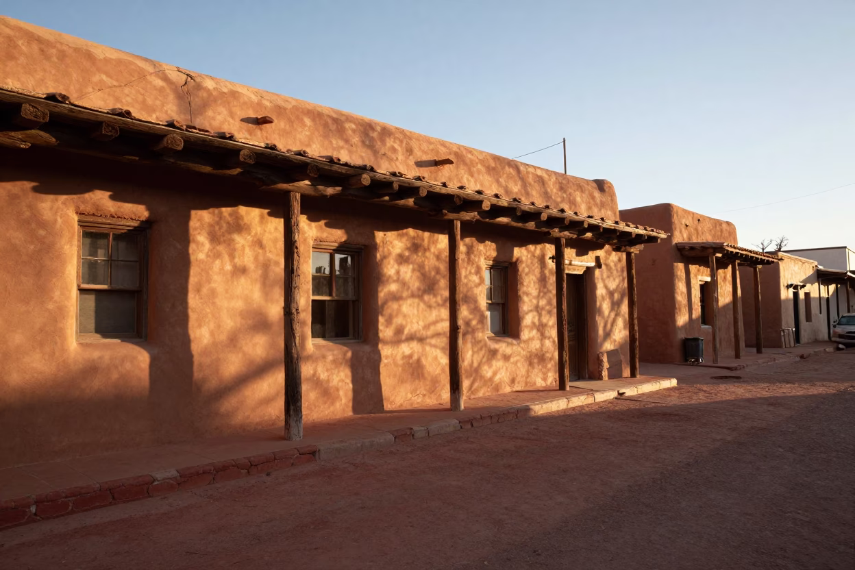 Late Afternoon Santa Fe Street Scene with Adobe Architecture and Local Commerce in in Santa Fe, New Mexico, United States