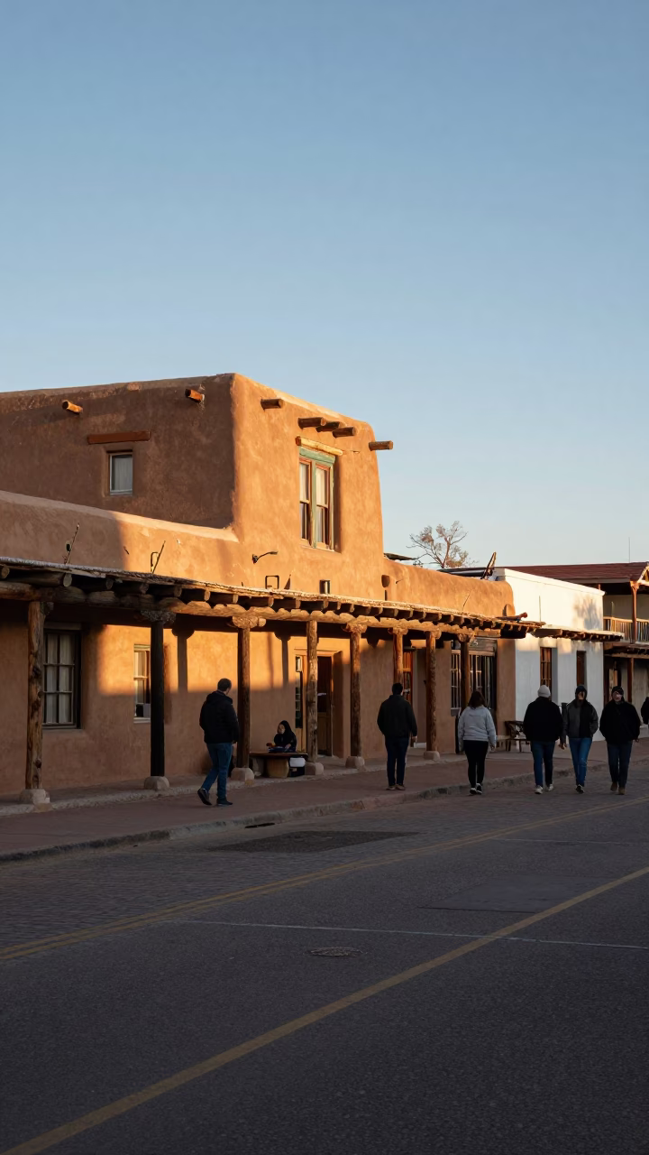 Late Afternoon Santa Fe Street Scene with Adobe Architecture and Local Life in in Santa Fe, New Mexico, United States