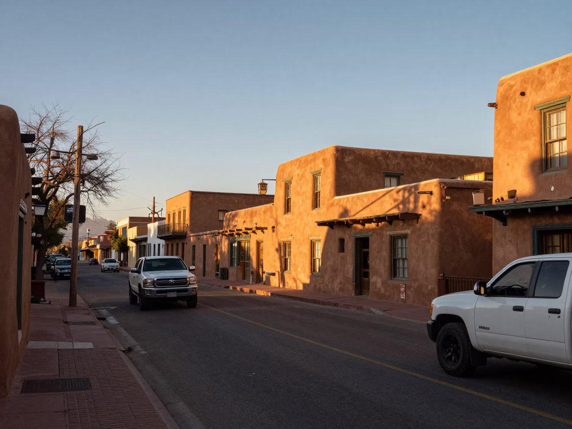 Late Afternoon Santa Fe Street Scene with Adobe Architecture and Local Traffic in in Santa Fe, New Mexico, United States