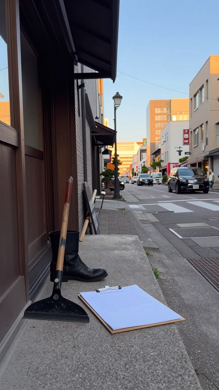 Late Afternoon Sapporo Street Scene with Clipboard and Boot Scraper Outside Shop in in Sapporo, Japan