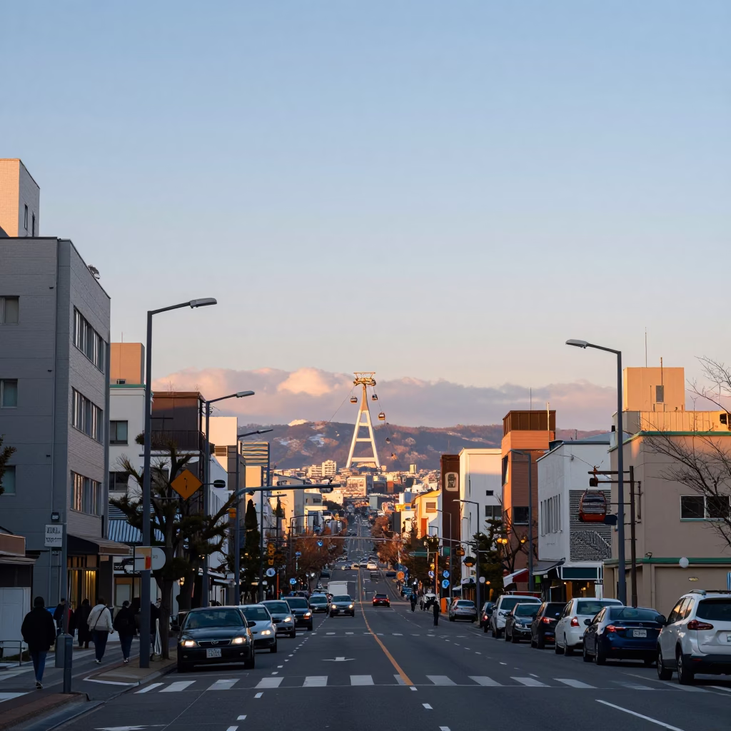 Late Afternoon Sapporo Street Scene with Gondola Lift and Autumn Colors in in Sapporo, Japan