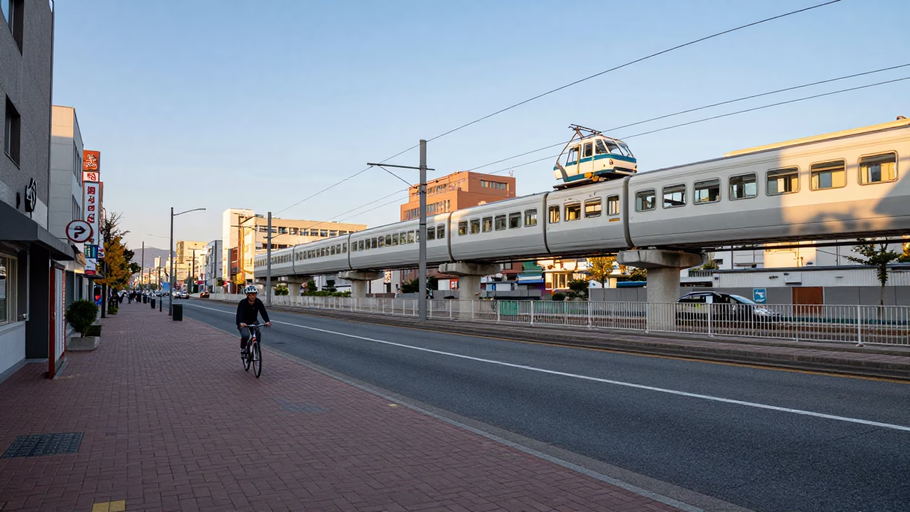 Late Afternoon Sapporo Street Scene with Monorail and Cyclist in in Sapporo, Japan