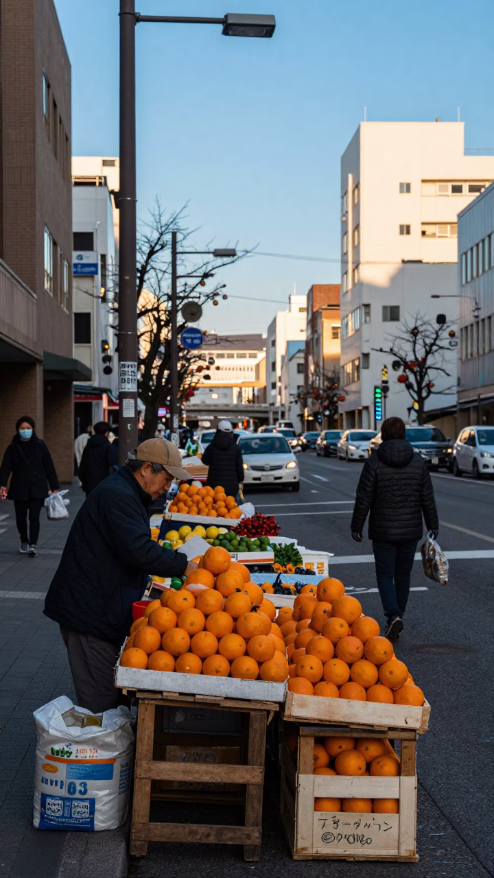 Late Afternoon Sapporo Street Scene with Oranges and Local Market Activity in in Sapporo, Japan