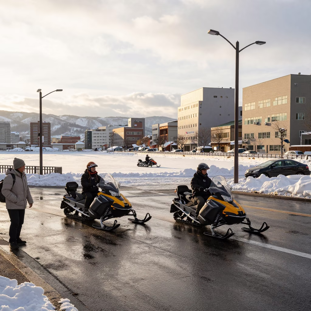Late Afternoon Sapporo Street Scene with Snowmobiles and Local Life in in Sapporo, Japan