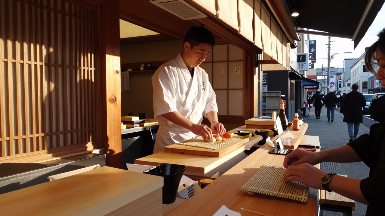 Late Afternoon Sapporo Street Scene with Sushi Preparation and Local Market Details in in Sapporo, Japan