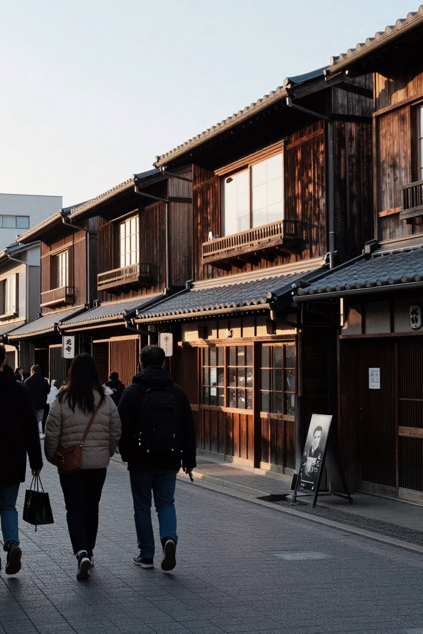 Late Afternoon Sapporo Street Scene with Traditional Wooden Architecture and Pedestrians in Winter in in Sapporo, Japan