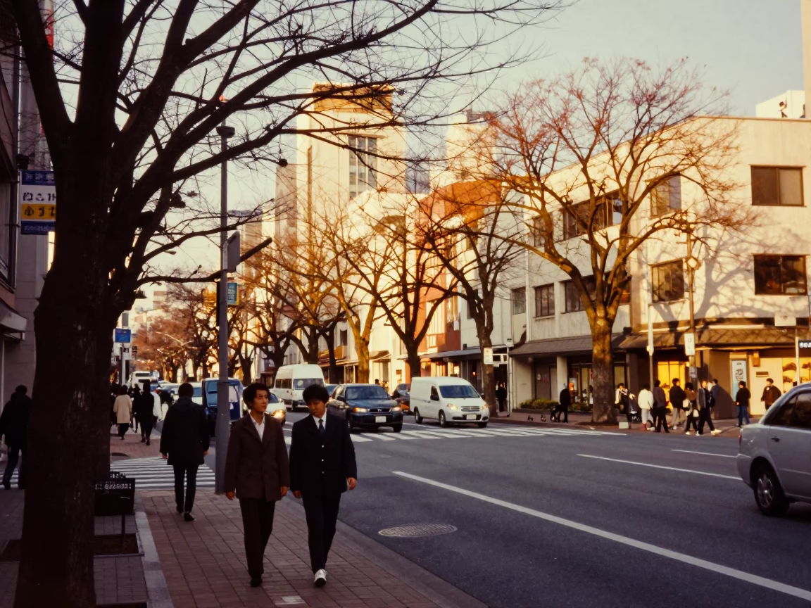 Late Afternoon Sapporo Street Scene with Vintage 1960s Aesthetic and Local Details in in Sapporo, Japan